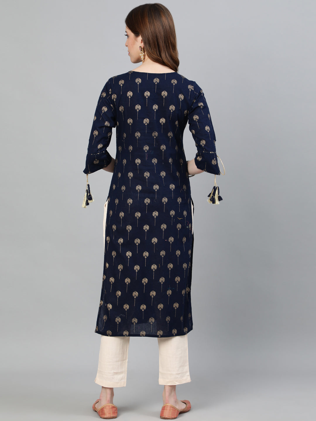Navy Blue Ethnic Print Straight Cotton Kurta