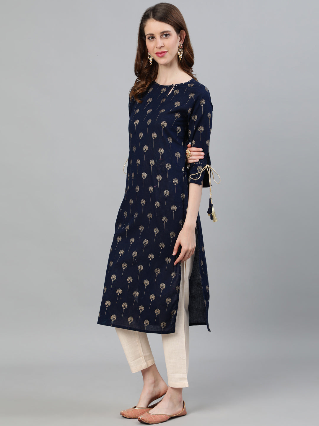 Navy Blue Ethnic Print Straight Cotton Kurta
