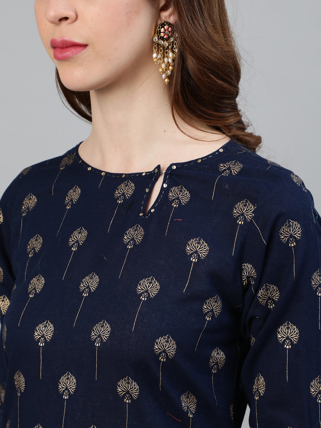 Navy Blue Ethnic Print Straight Cotton Kurta