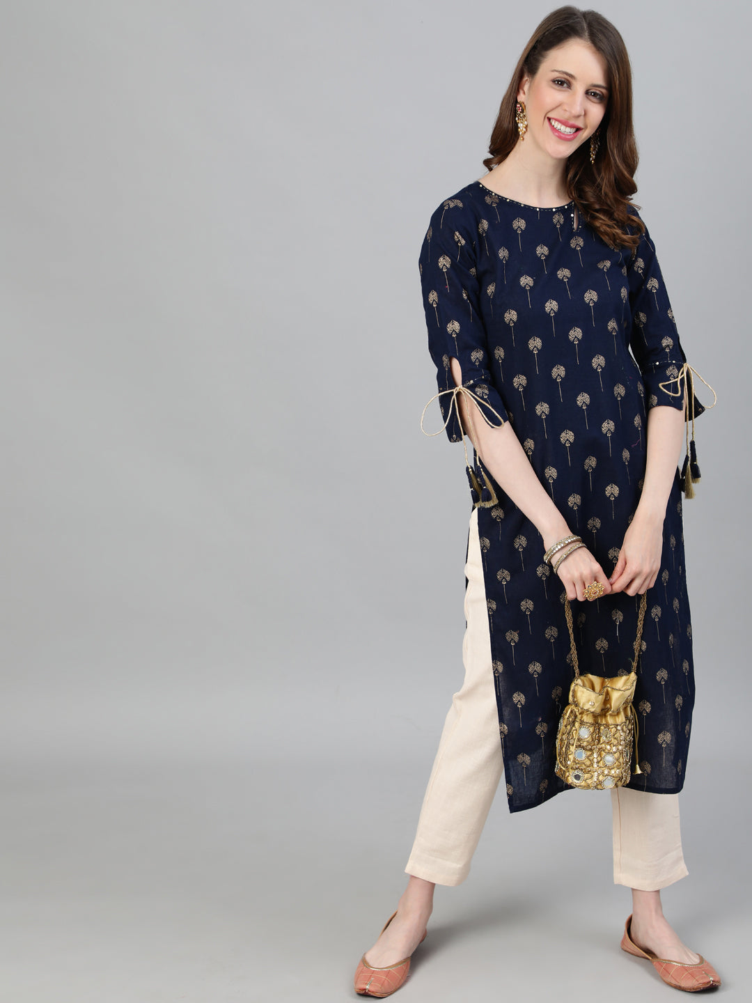 Navy Blue Ethnic Print Straight Cotton Kurta