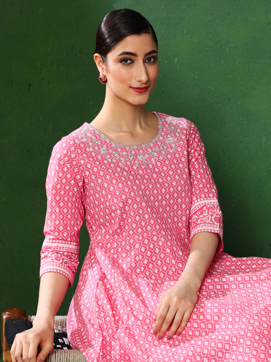Pink Printed Anarkali With Embroidered Yoke