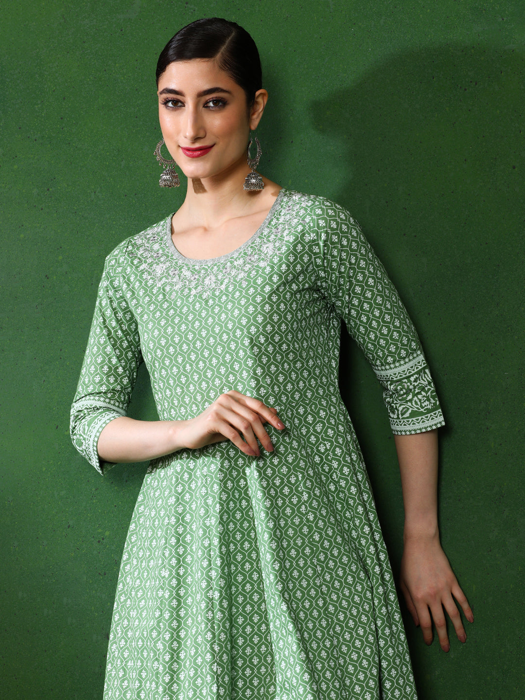 Green Printed Anarkali kurta With Embroidered Yoke