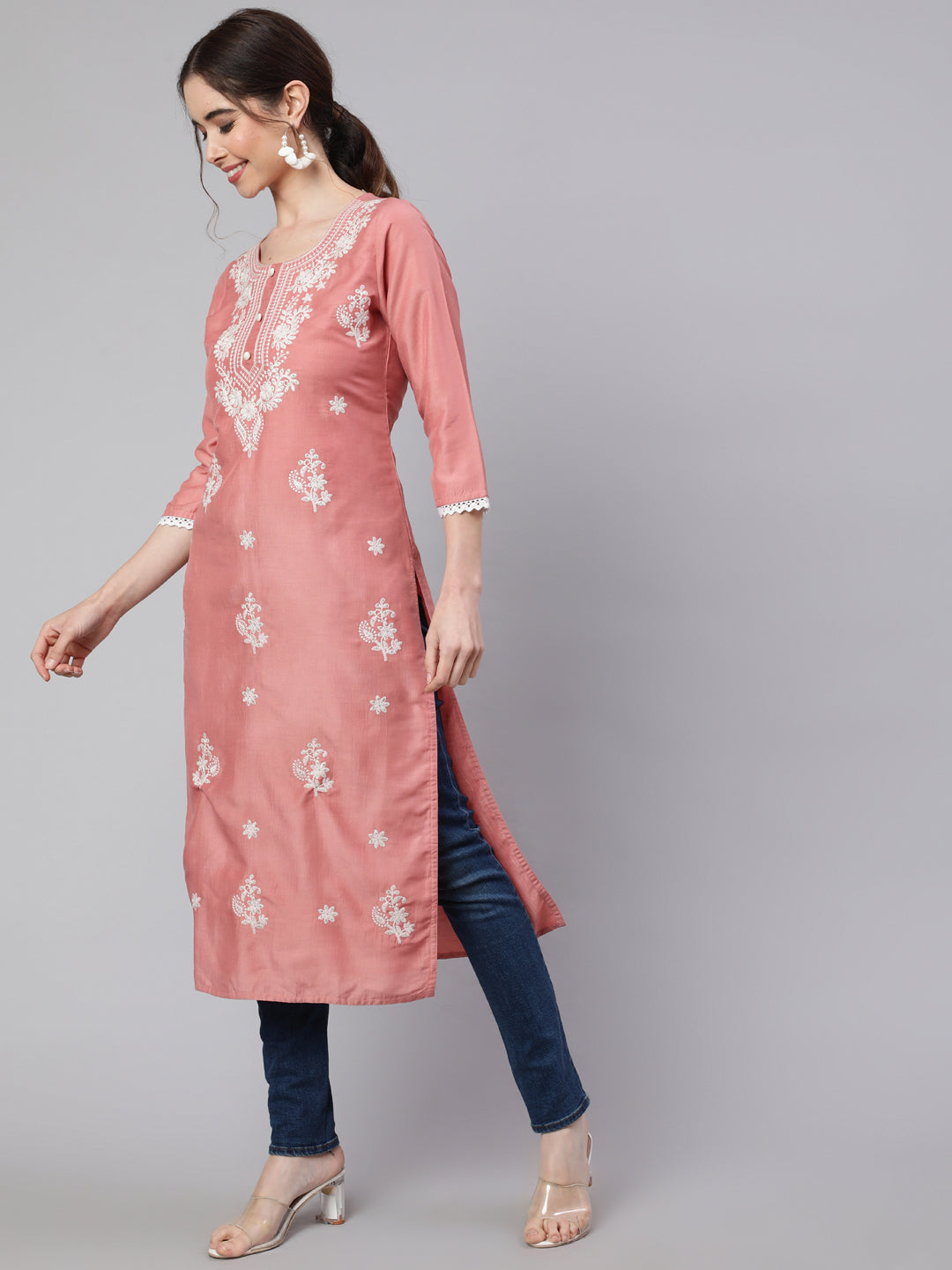 Peach Chikankari Straight Kurta