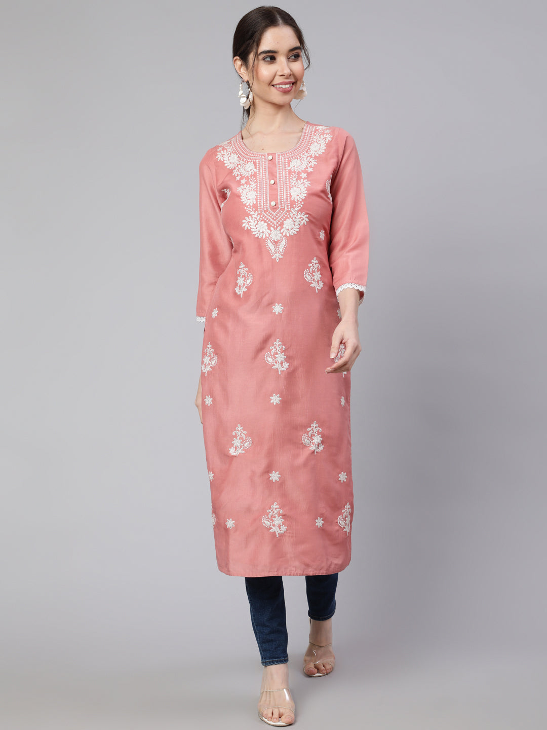Peach Chikankari Straight Kurta