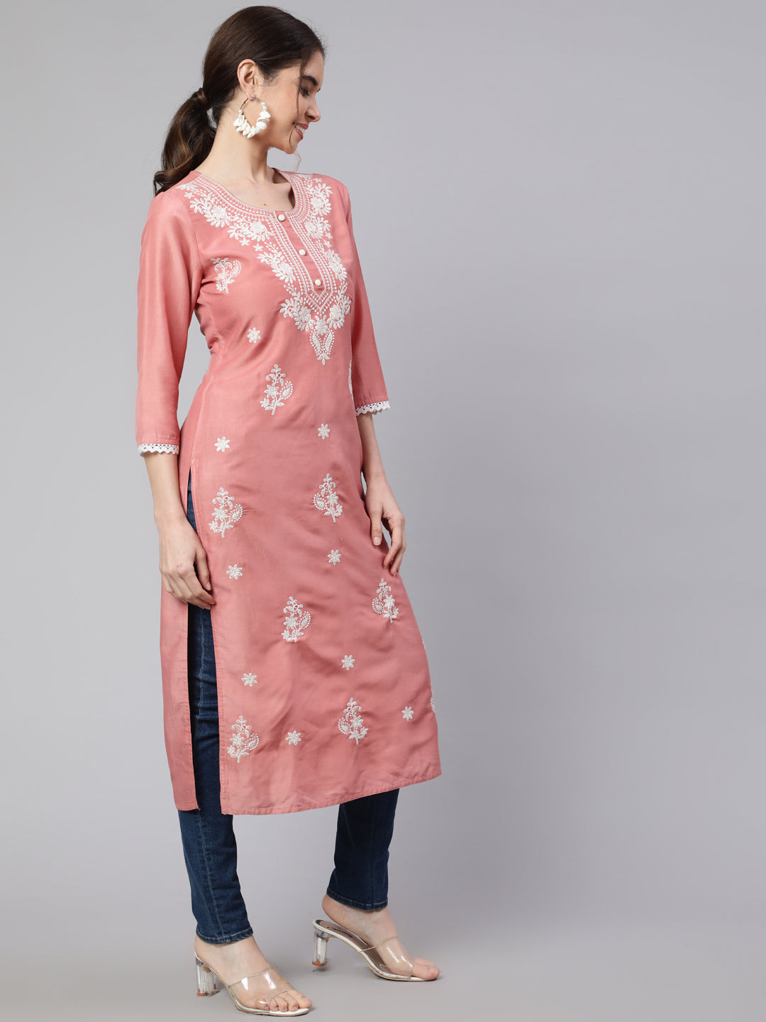 Peach Chikankari Straight Kurta