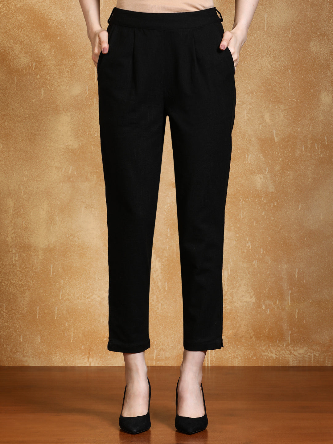 Black Solid Cotton Slub Straight Pants