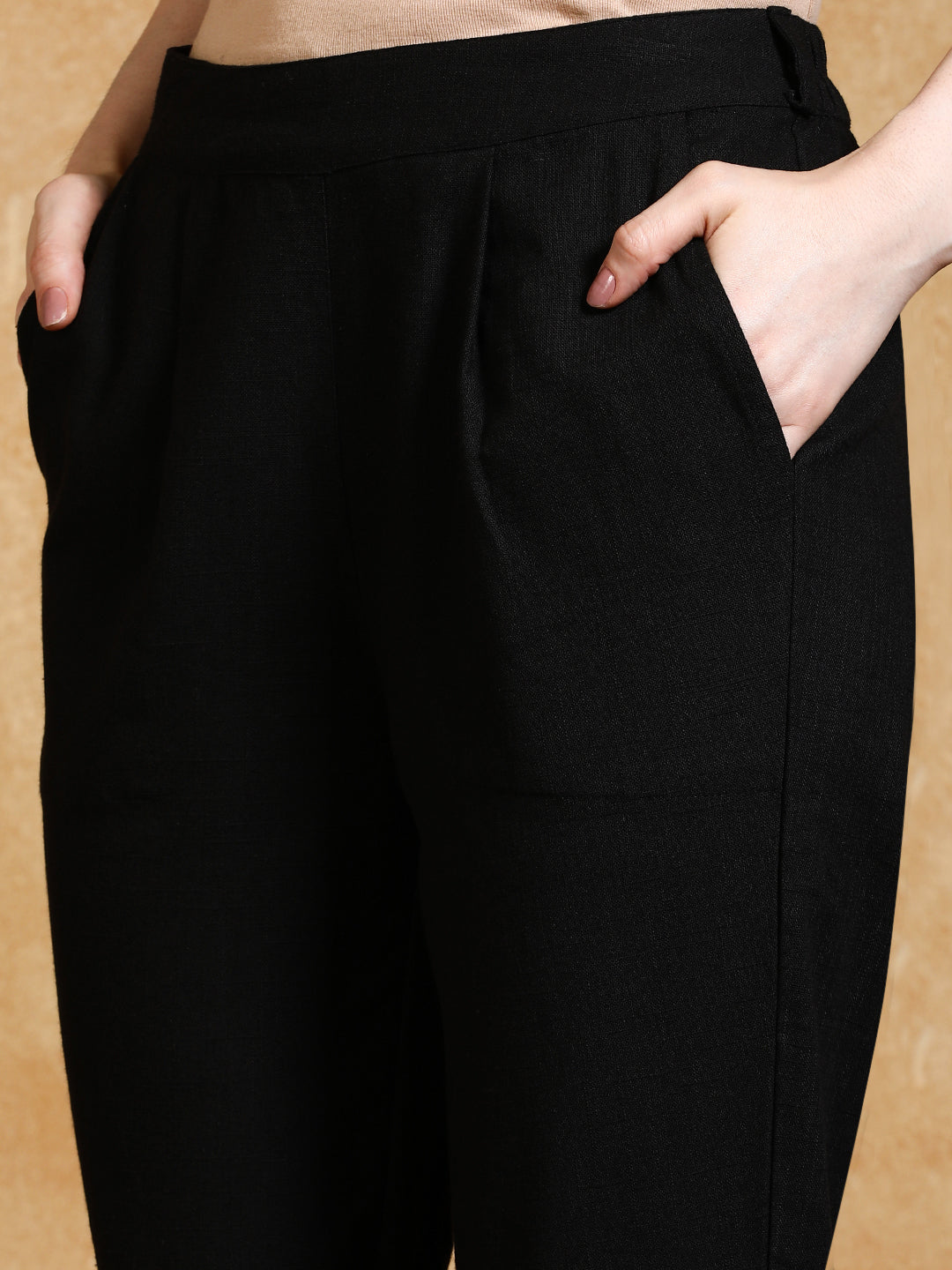 Black Solid Cotton Slub Straight Pants