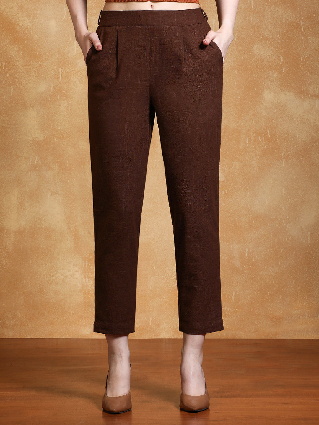 Brown Solid Cotton Slub Straight Pants