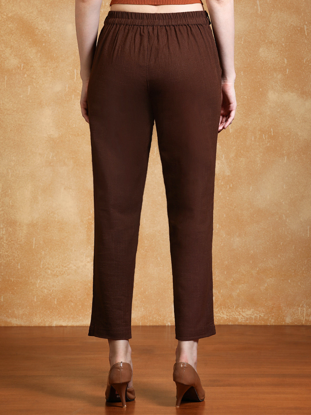 Brown Solid Cotton Slub Straight Pants