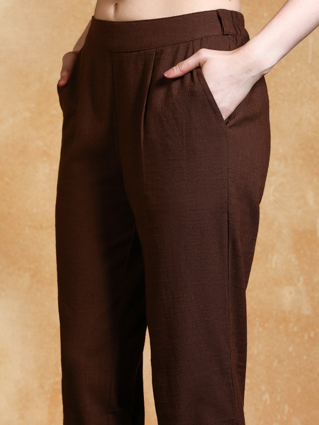 Brown Solid Cotton Slub Straight Pants