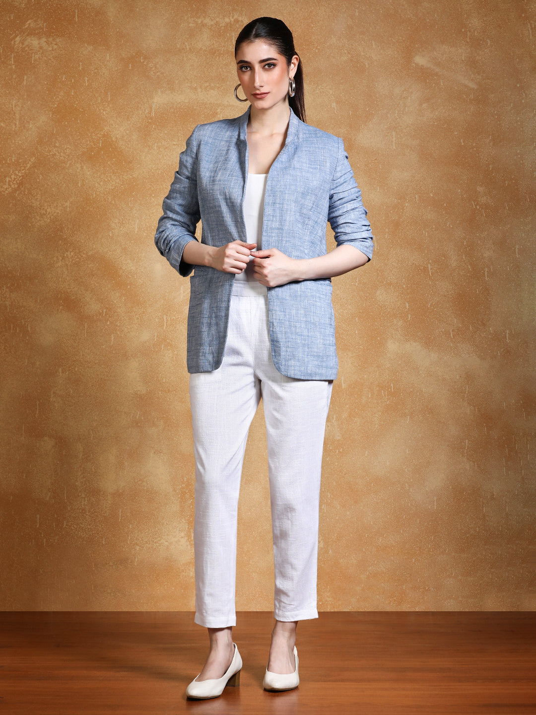 White Solid Cotton Slub Straight Pants