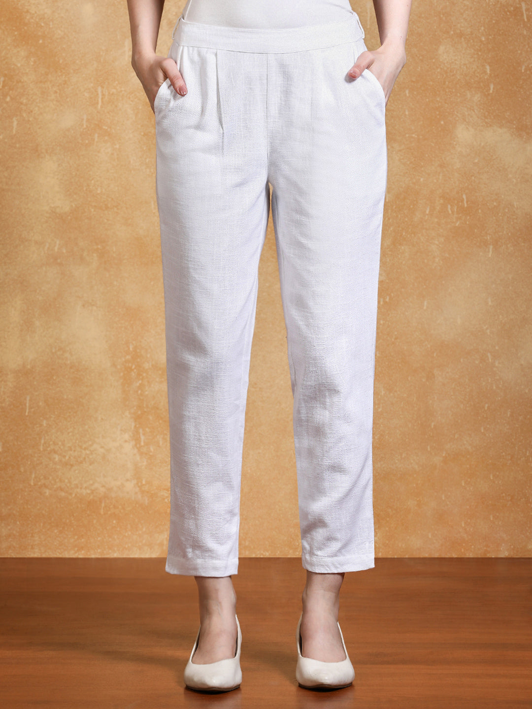 White Solid Cotton Slub Straight Pants