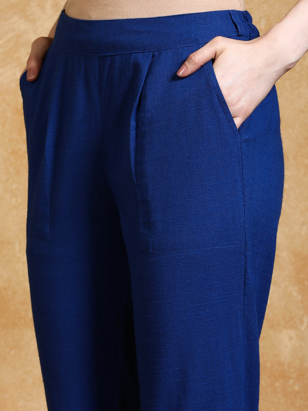 Blue Solid Cotton Slub Straight Pants