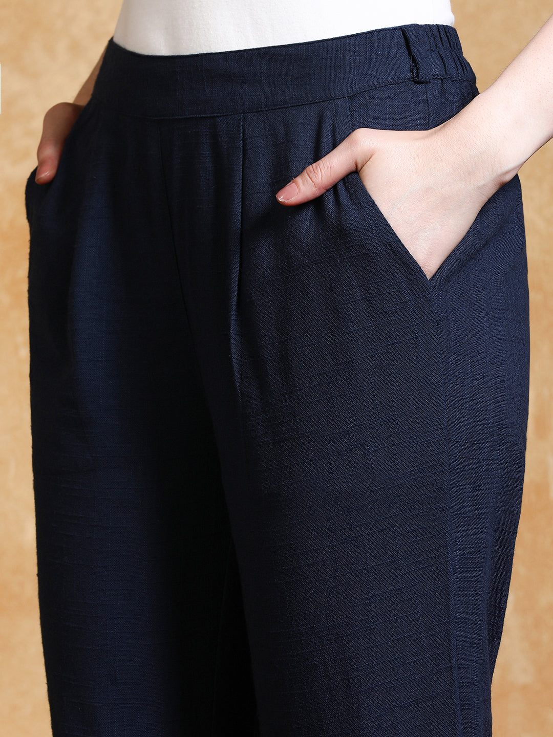 Royal Blue Solid Cotton Slub Straight Pants