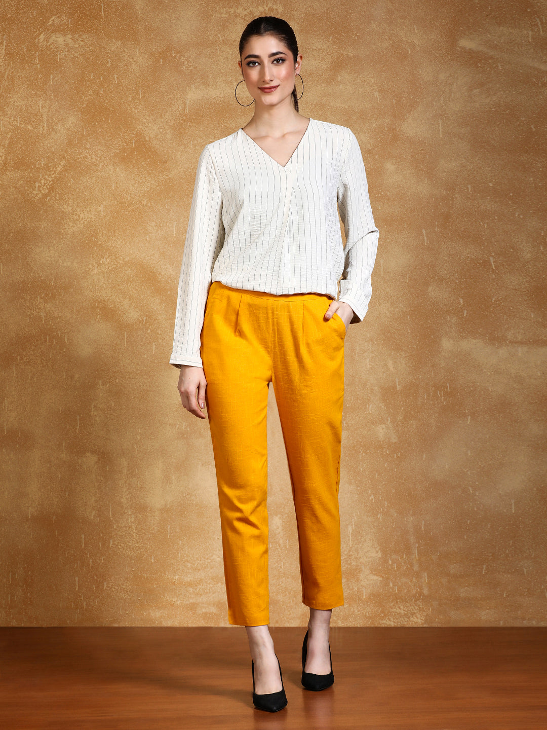 Shop Yellow Color Cotton Slub Solid Pants