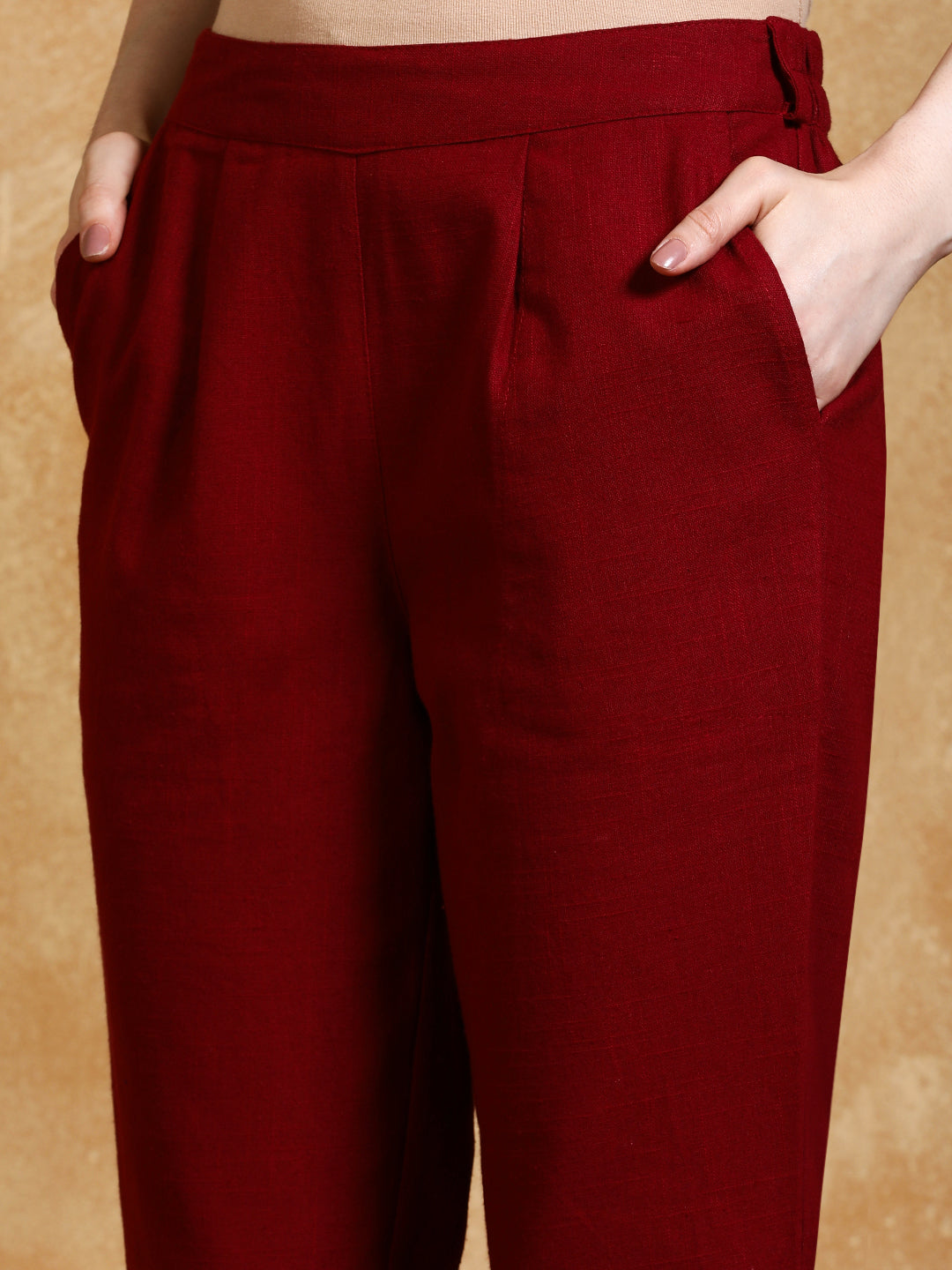 Maroon Solid Cotton Slub Straight Pants
