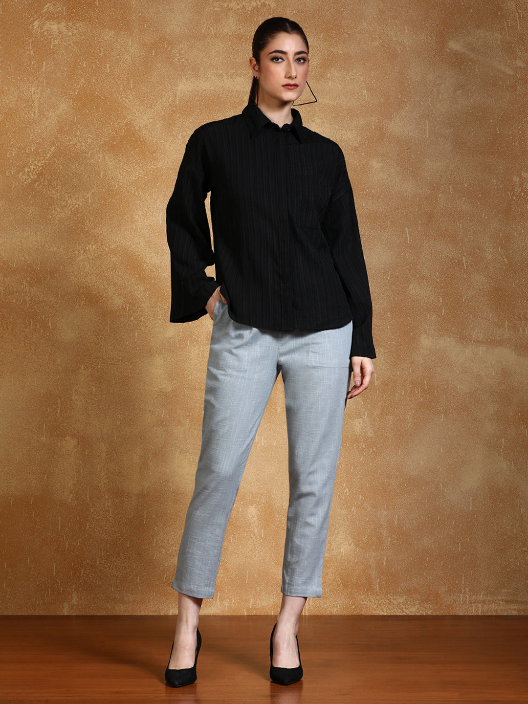 Shop Light Grey Solid Straight Cotton Slub Trouser for women