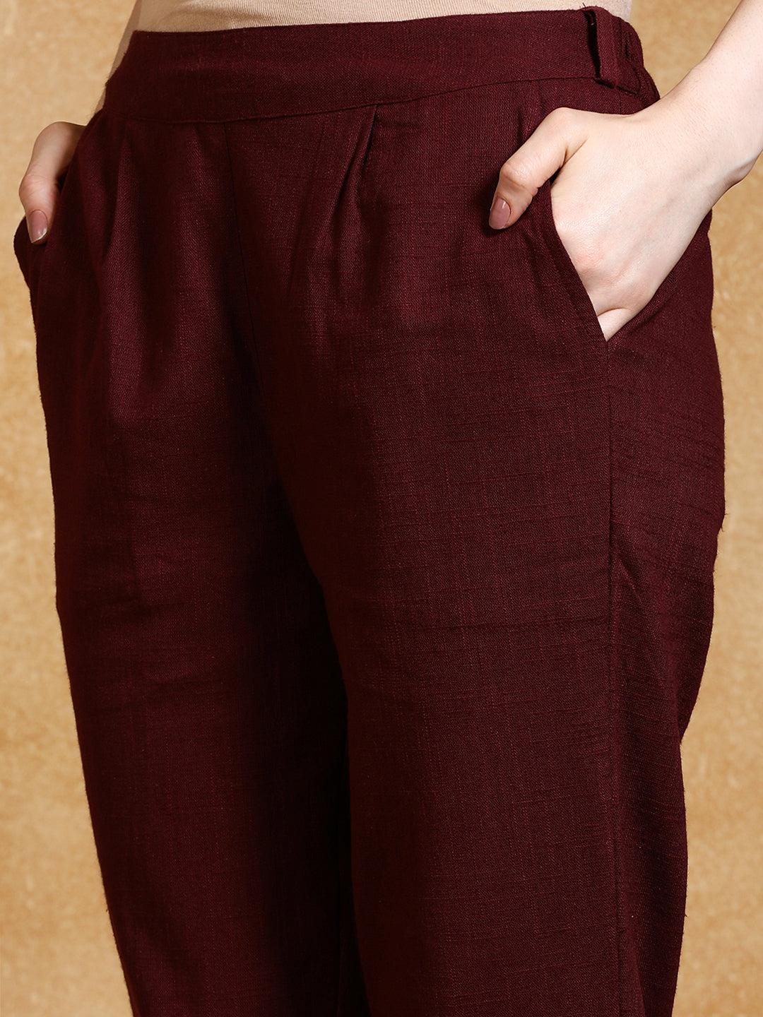 Burgundy Solid Cotton Slub Straight Pants
