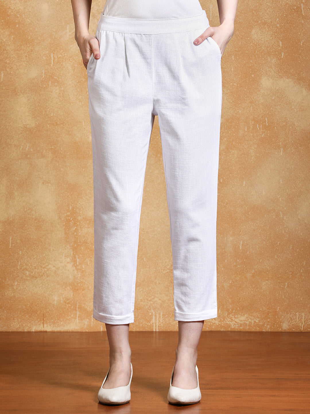 White Cotton Slub Bottom-Fold Straight Pants