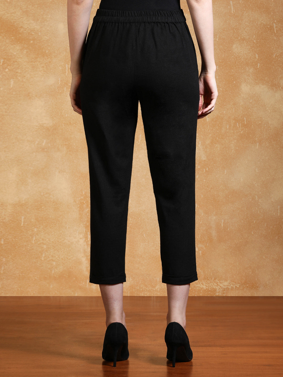 Black Cotton Slub Bottom-Fold Straight Pants