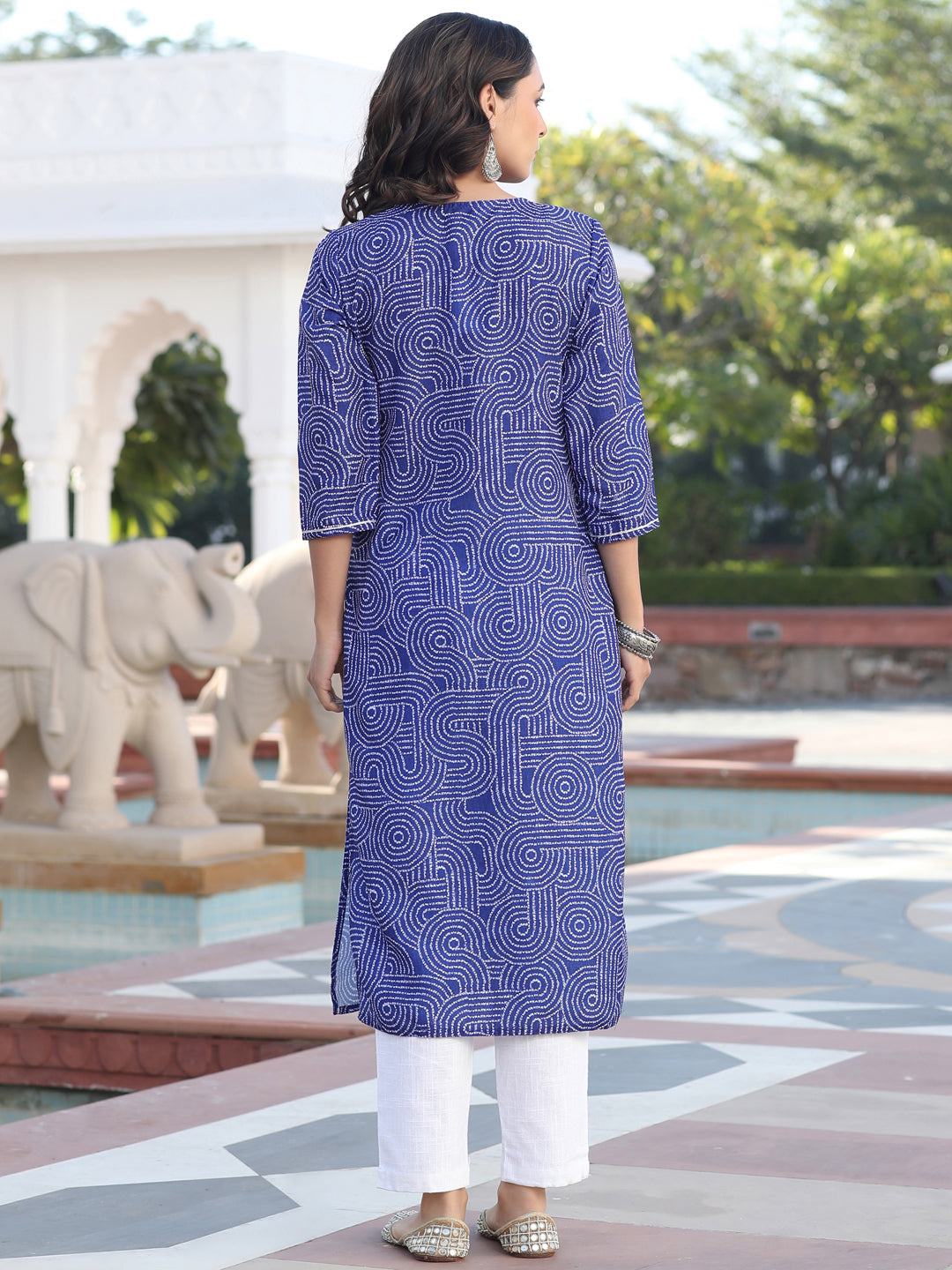 Blue Mirror Work Embroidered Muslin Straight Kurta With White Cotton Straight Fit Trousers