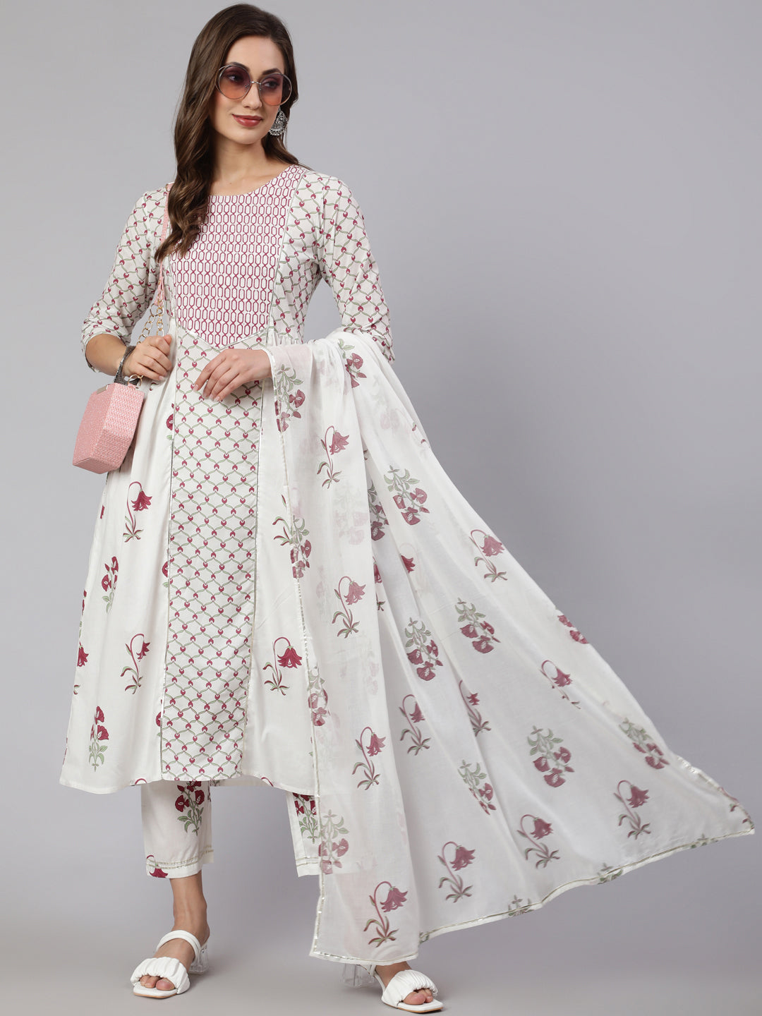 White & Magenta Pink Ethnic Printed Flared Kurta With Pants & Dupatta