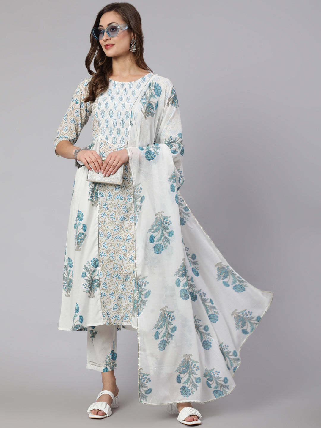 White & Turquoise Blue Ethnic Printed Flared Kurta With Pants & Dupatta
