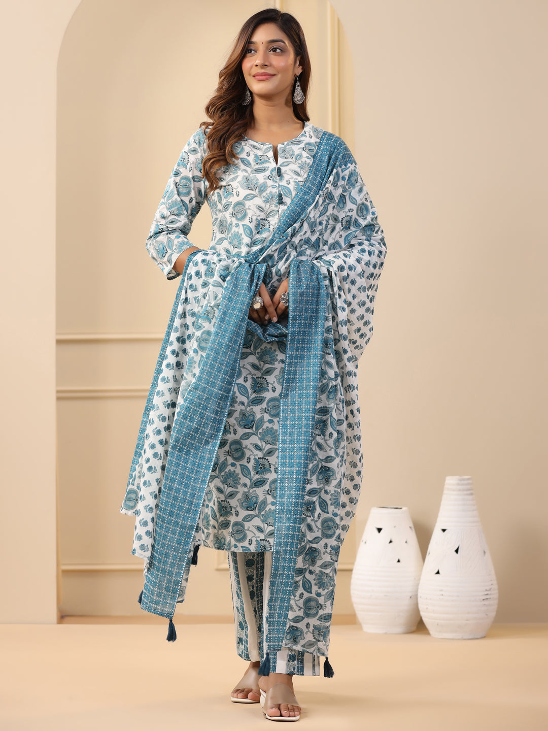 Blue Ethnic Floral Printed Embroidered Kurta With Printed Pants And Printed Dupatta