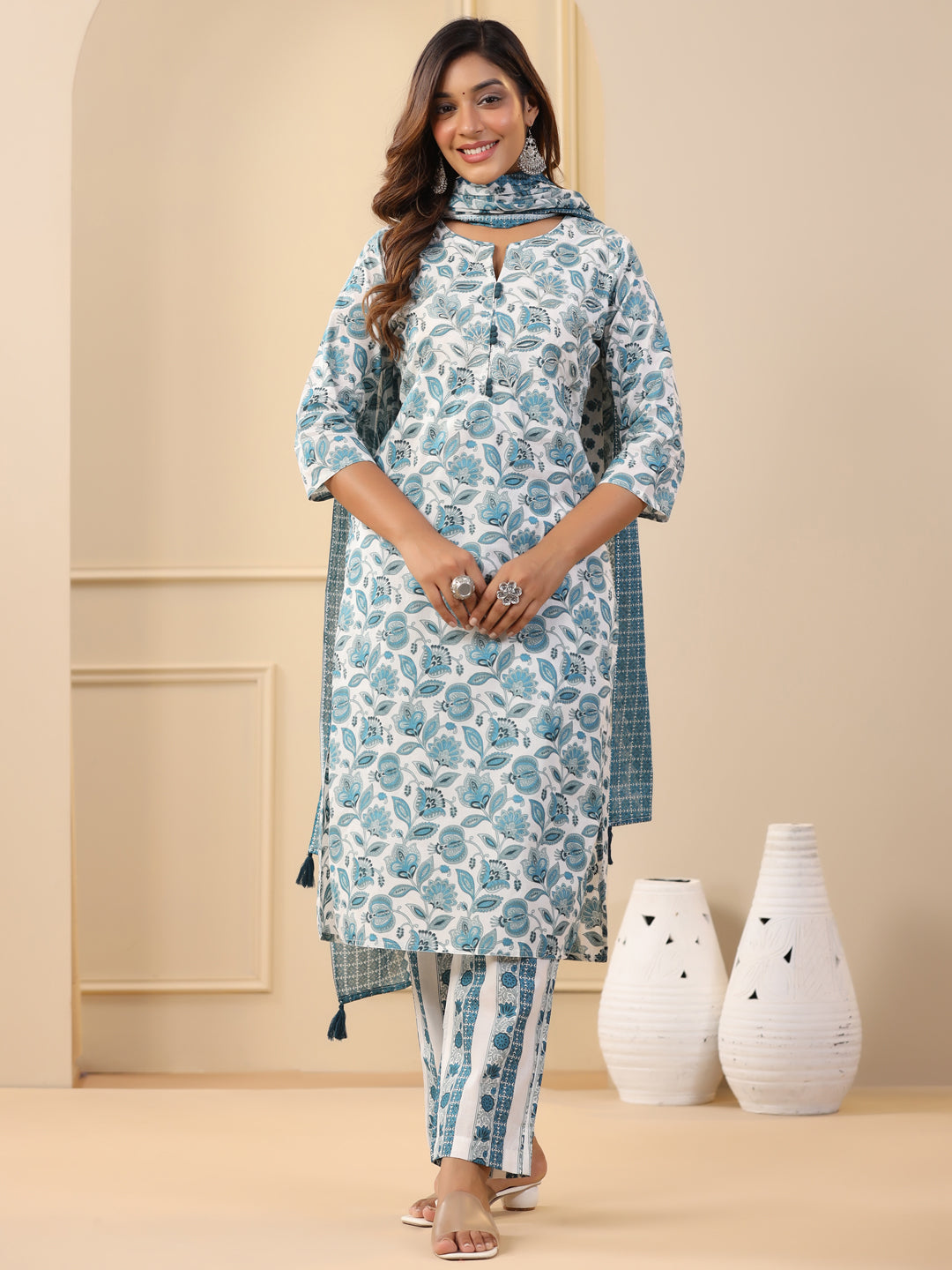 Blue Ethnic Floral Printed Embroidered Kurta With Printed Pants And Printed Dupatta