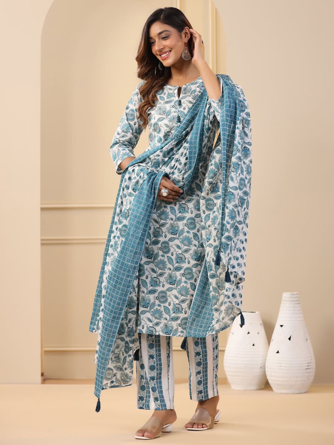 Blue Ethnic Floral Printed Embroidered Kurta With Printed Pants And Printed Dupatta