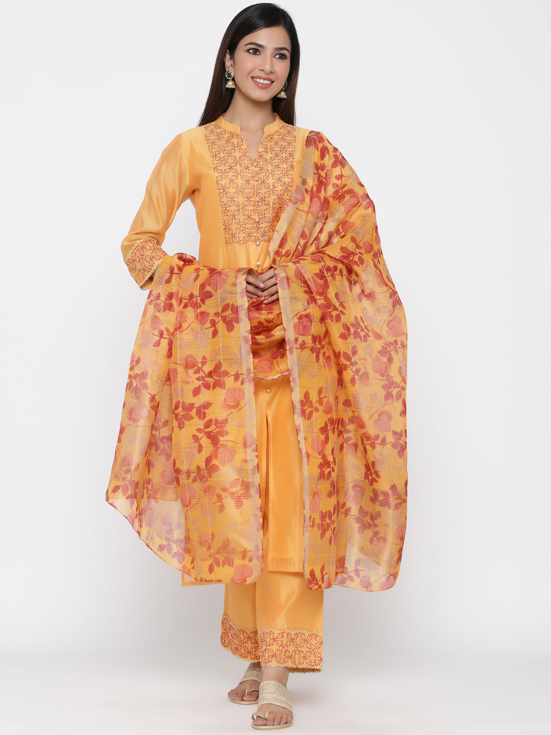 Yellow Solid Straight Chanderi Kurta With Palazzos & Dupatta