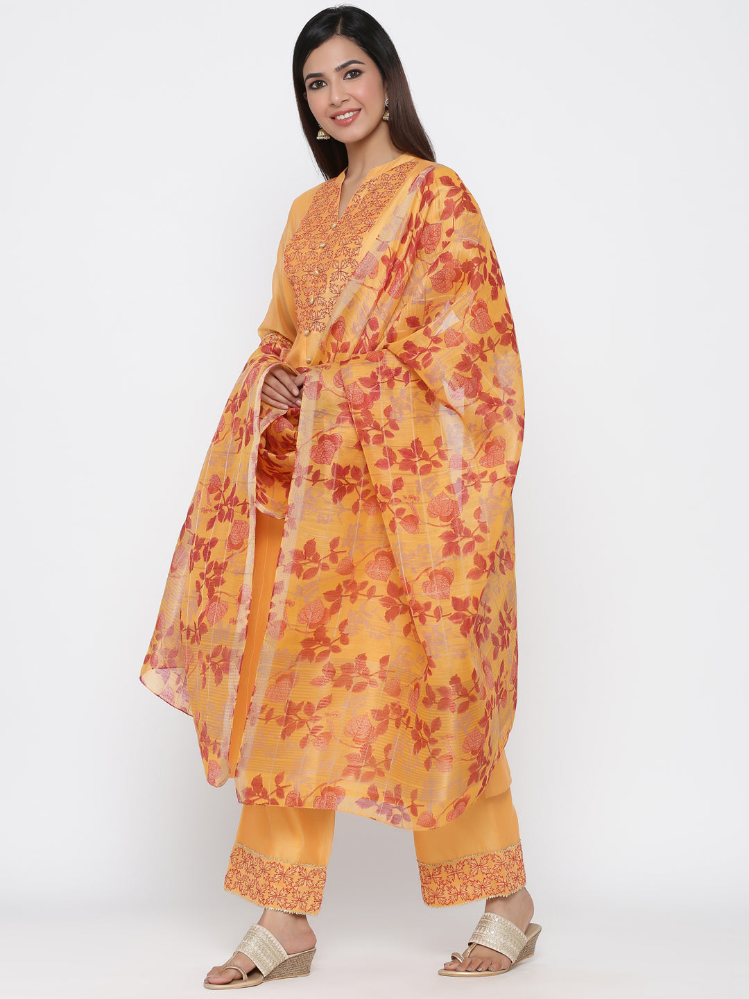 Yellow Solid Straight Chanderi Kurta With Palazzos & Dupatta