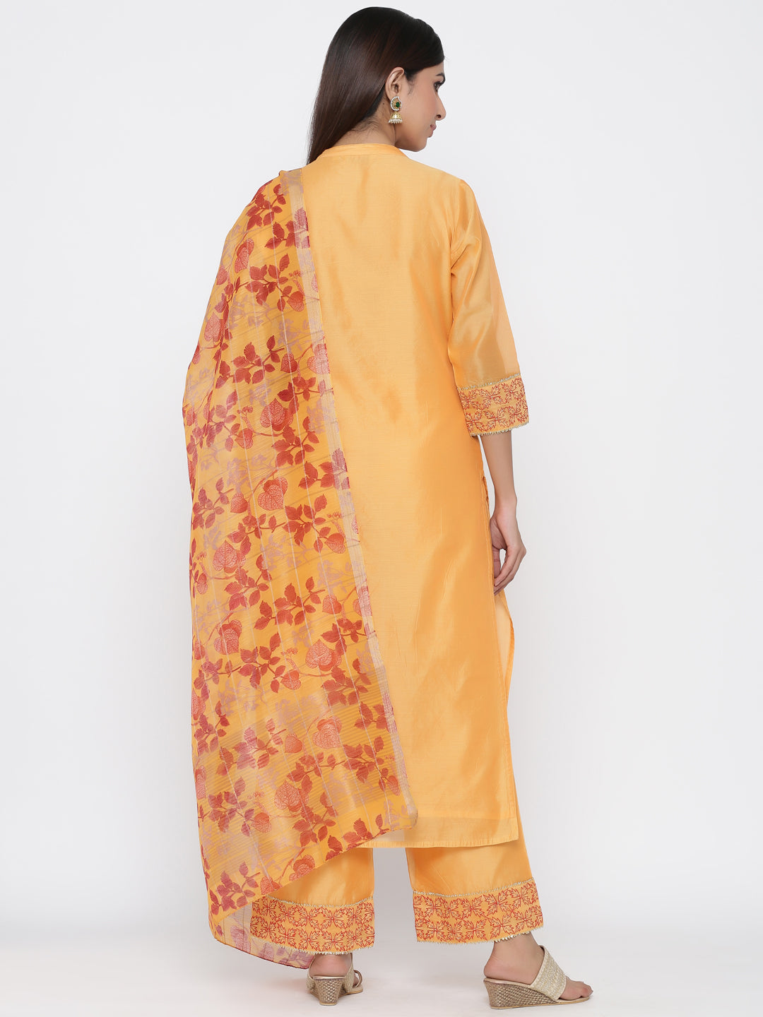 Yellow Solid Straight Chanderi Kurta With Palazzos & Dupatta