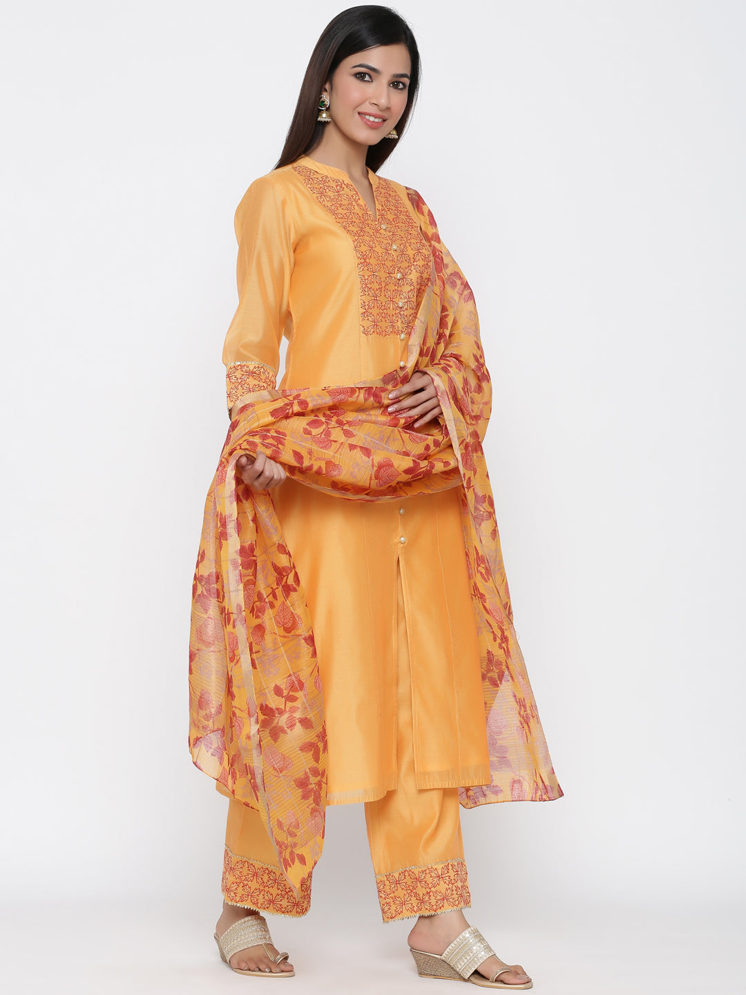 Yellow Solid Straight Chanderi Kurta With Palazzos & Dupatta