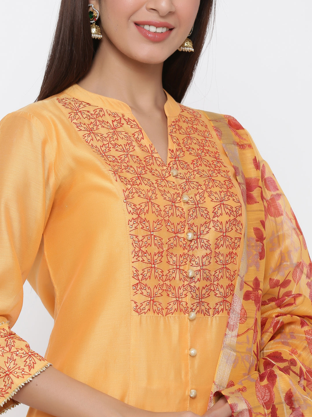 Yellow Solid Straight Chanderi Kurta With Palazzos & Dupatta
