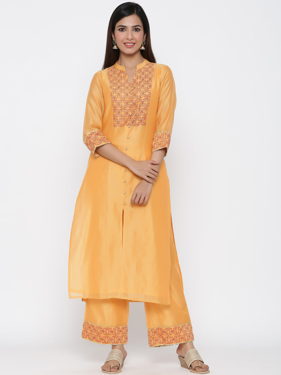 Yellow Solid Straight Chanderi Kurta With Palazzos & Dupatta