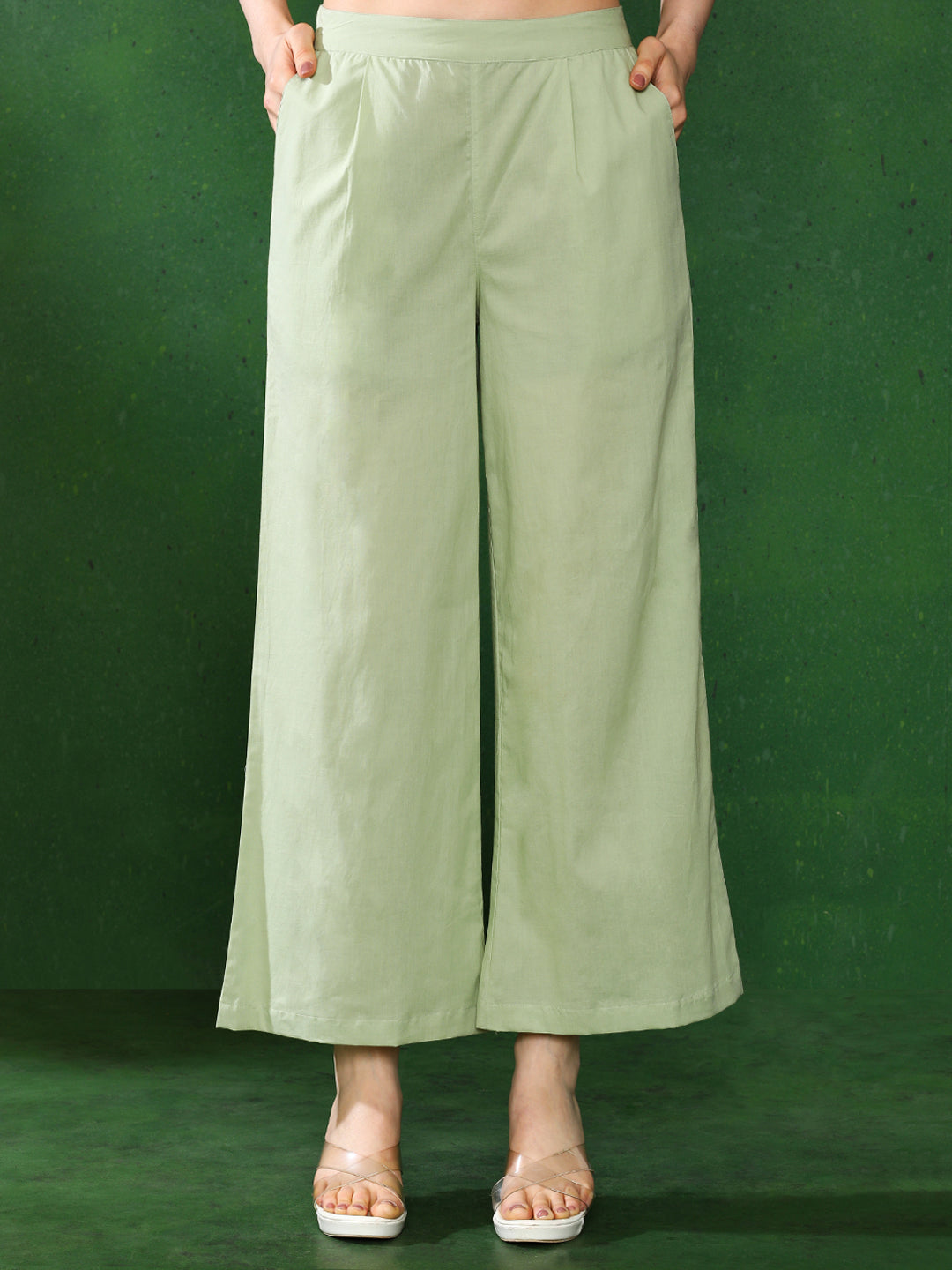 Light Green Angrakha Style Cotton Flared Kurta With Palazzos