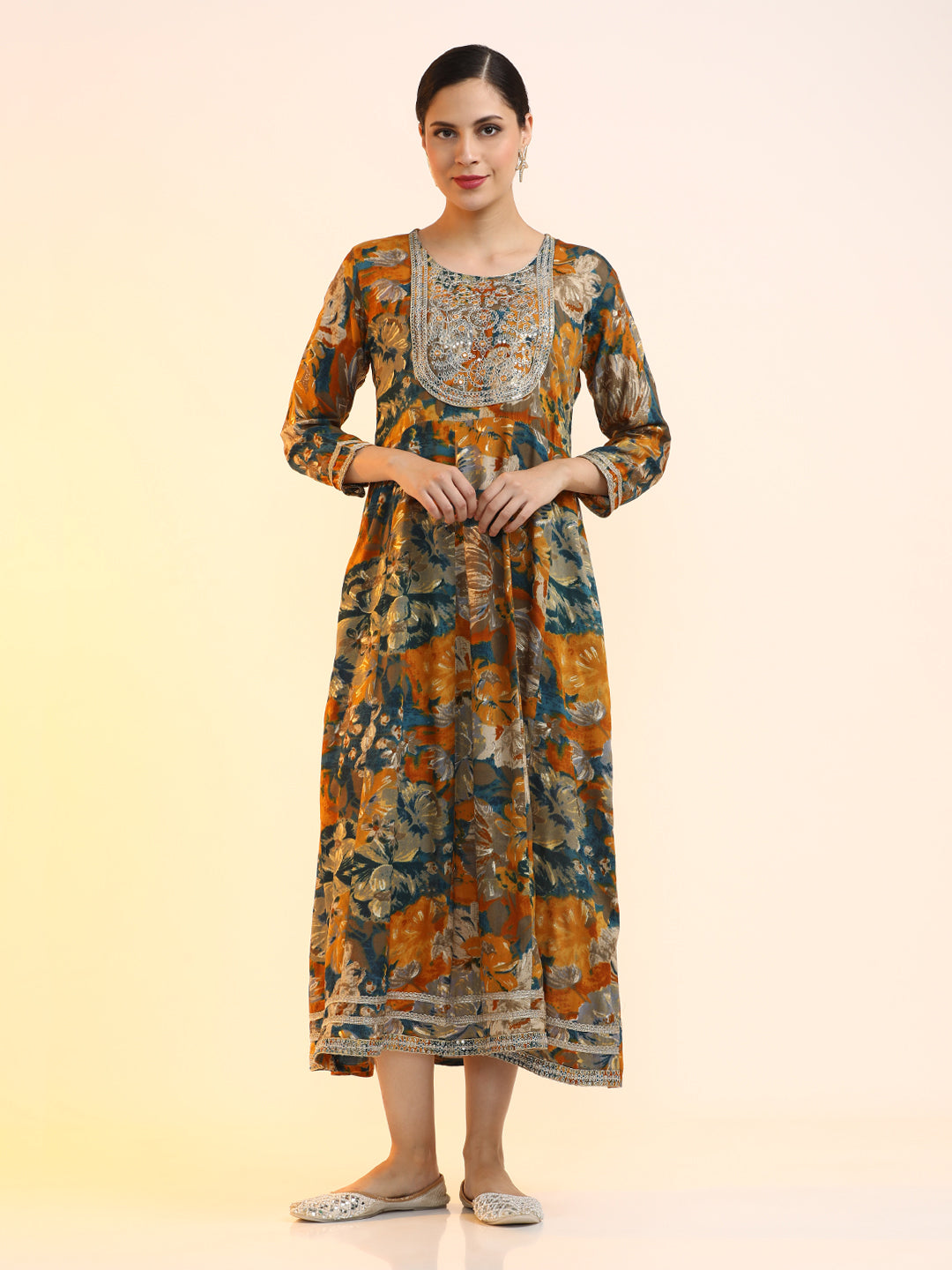 Embroidered Floral Flared Ethnic dresses