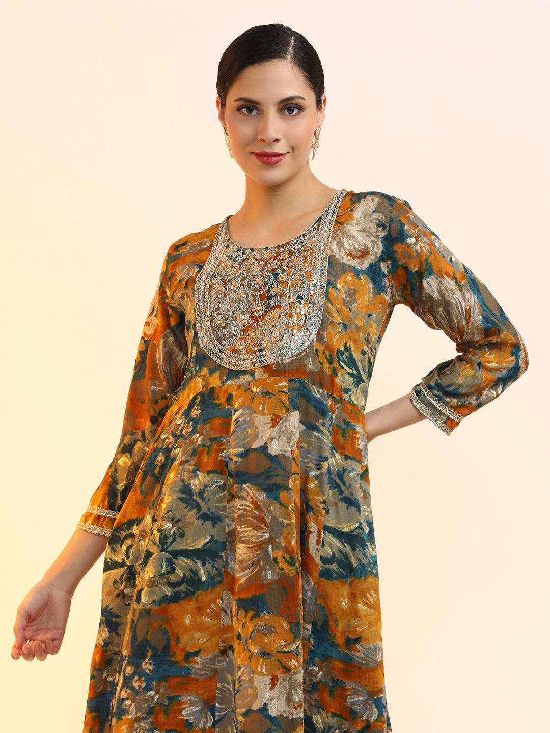Embroidered Floral Flared Ethnic dresses