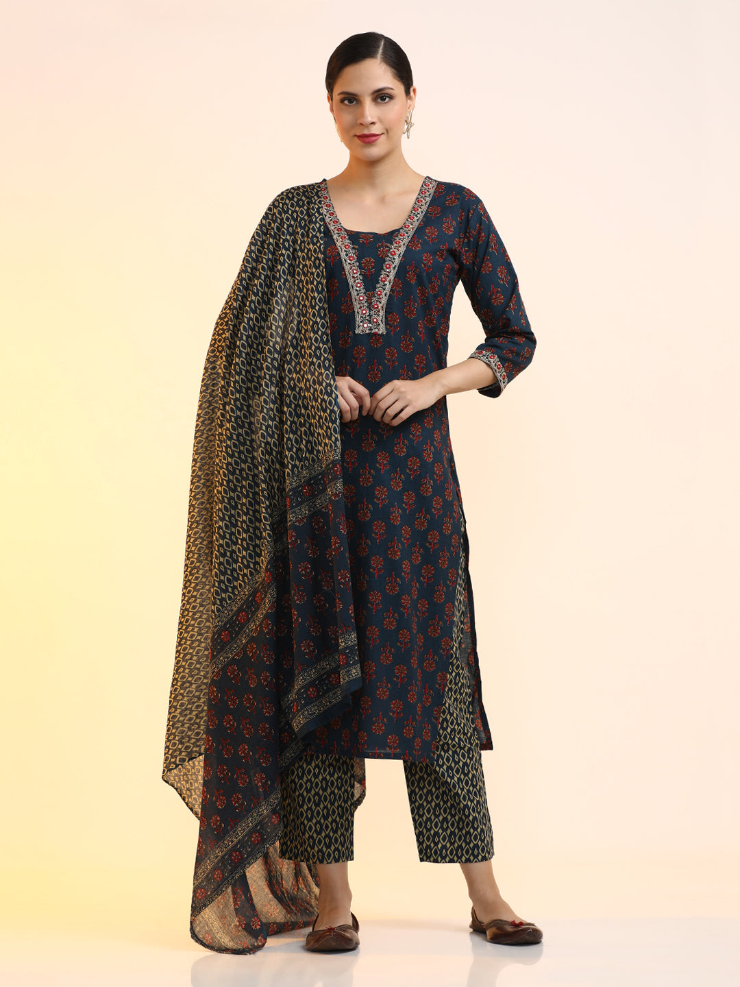 Embroidered Pure Cotton Floral Kurta Sets With Dupatta