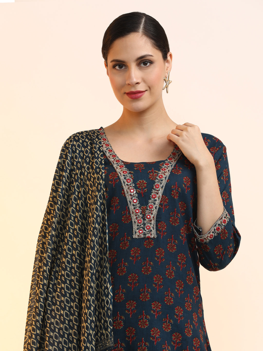 Embroidered Pure Cotton Floral Kurta Sets With Dupatta
