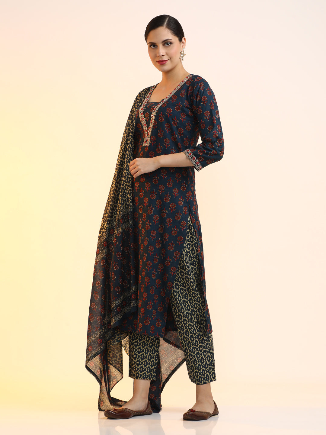 Embroidered Pure Cotton Floral Kurta Sets With Dupatta