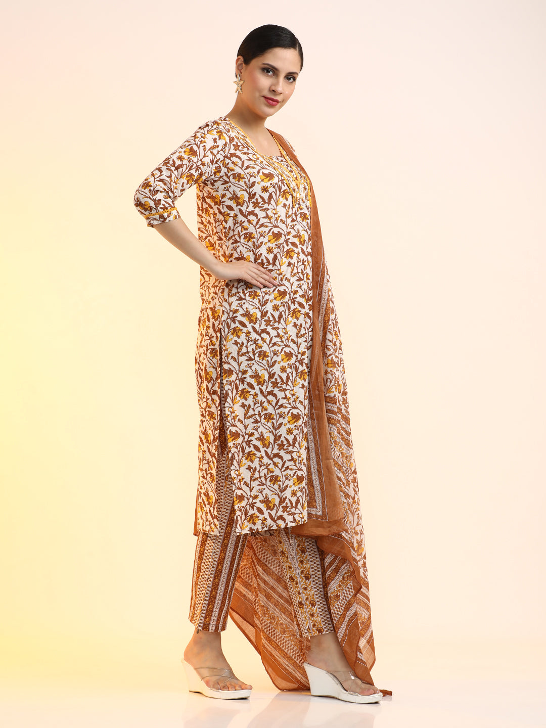 Embroidered Pure Cotton Floral Kurta Sets With Dupatta