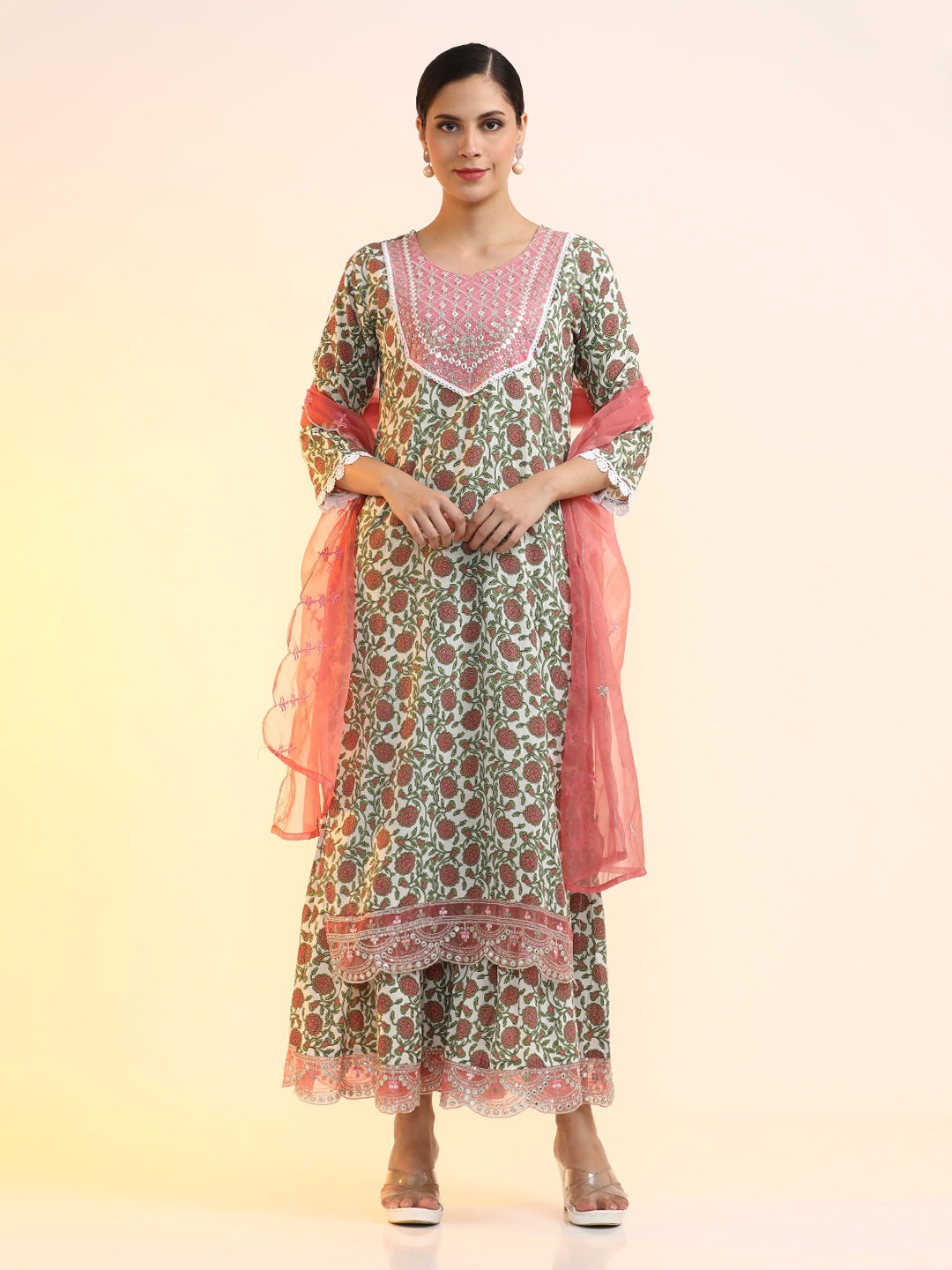 Embroidered Pure Cotton Floral Kurta Sets With Dupatta