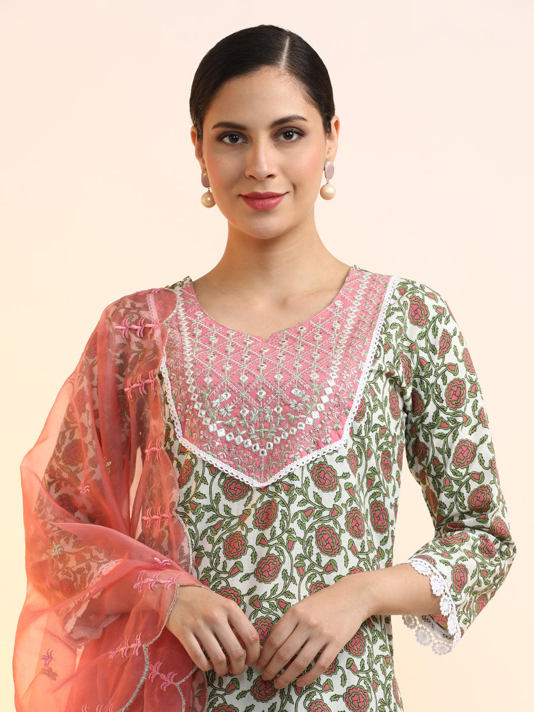 Embroidered Pure Cotton Floral Kurta Sets With Dupatta