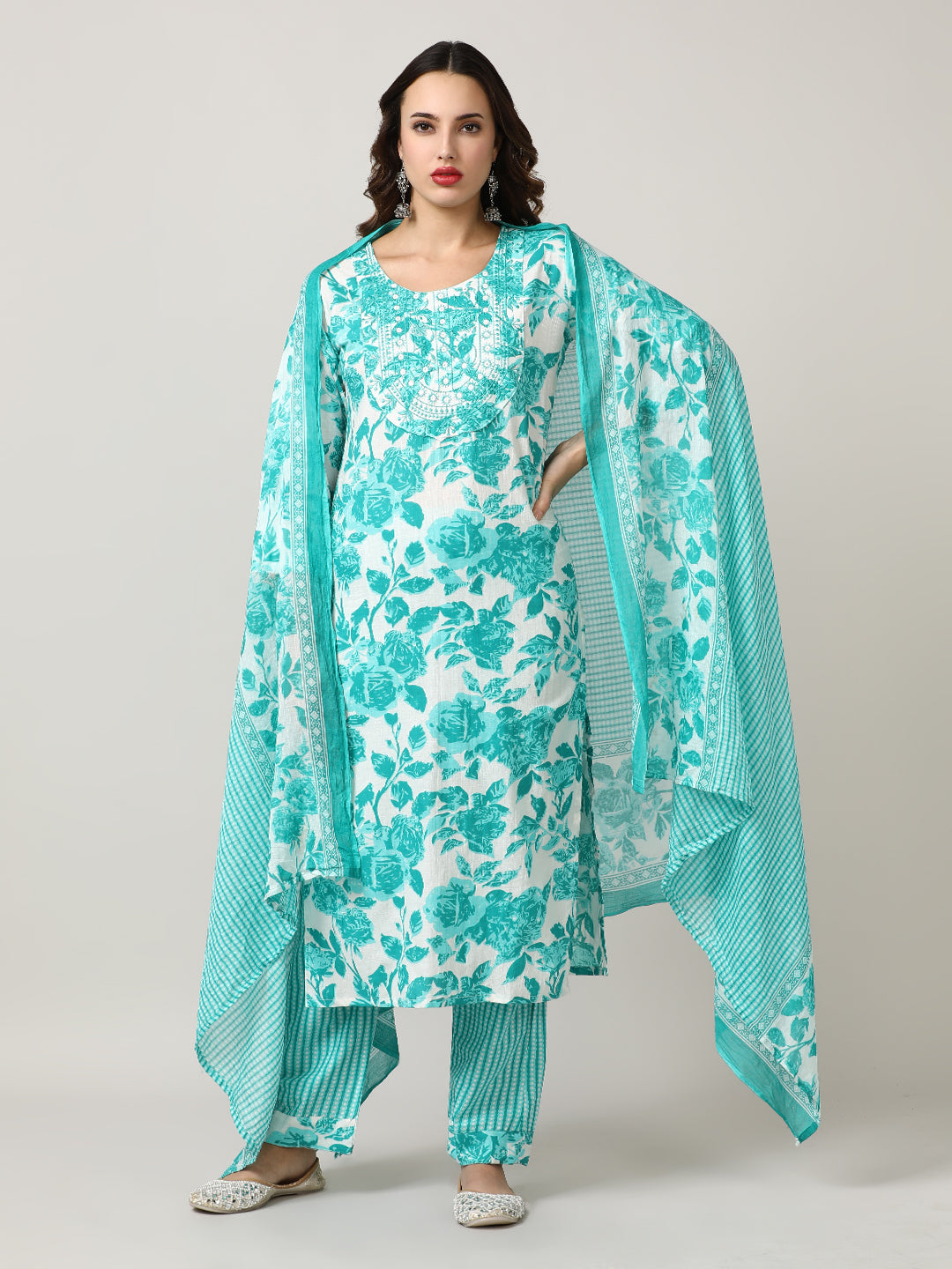 Embroidered Pure Cotton Floral Kurta Sets With Dupatta