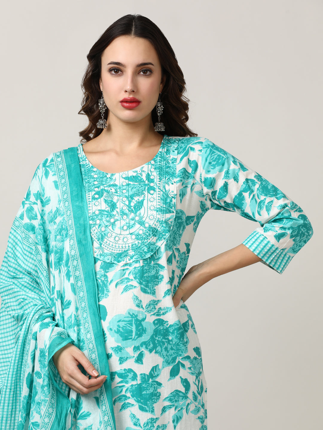 Embroidered Pure Cotton Floral Kurta Sets With Dupatta