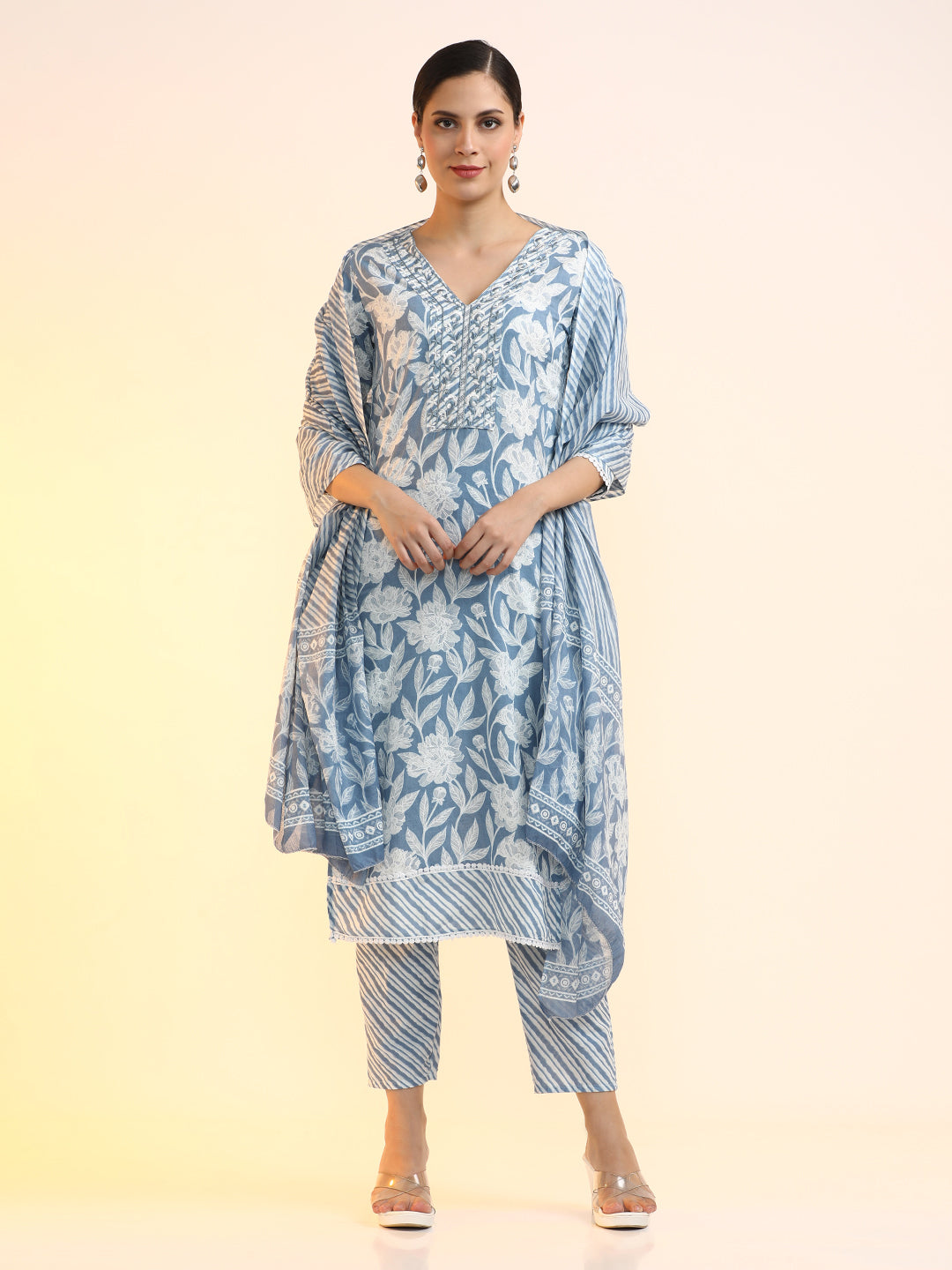 Embroidered Pure Cotton Striped Kurta Sets With Dupatta