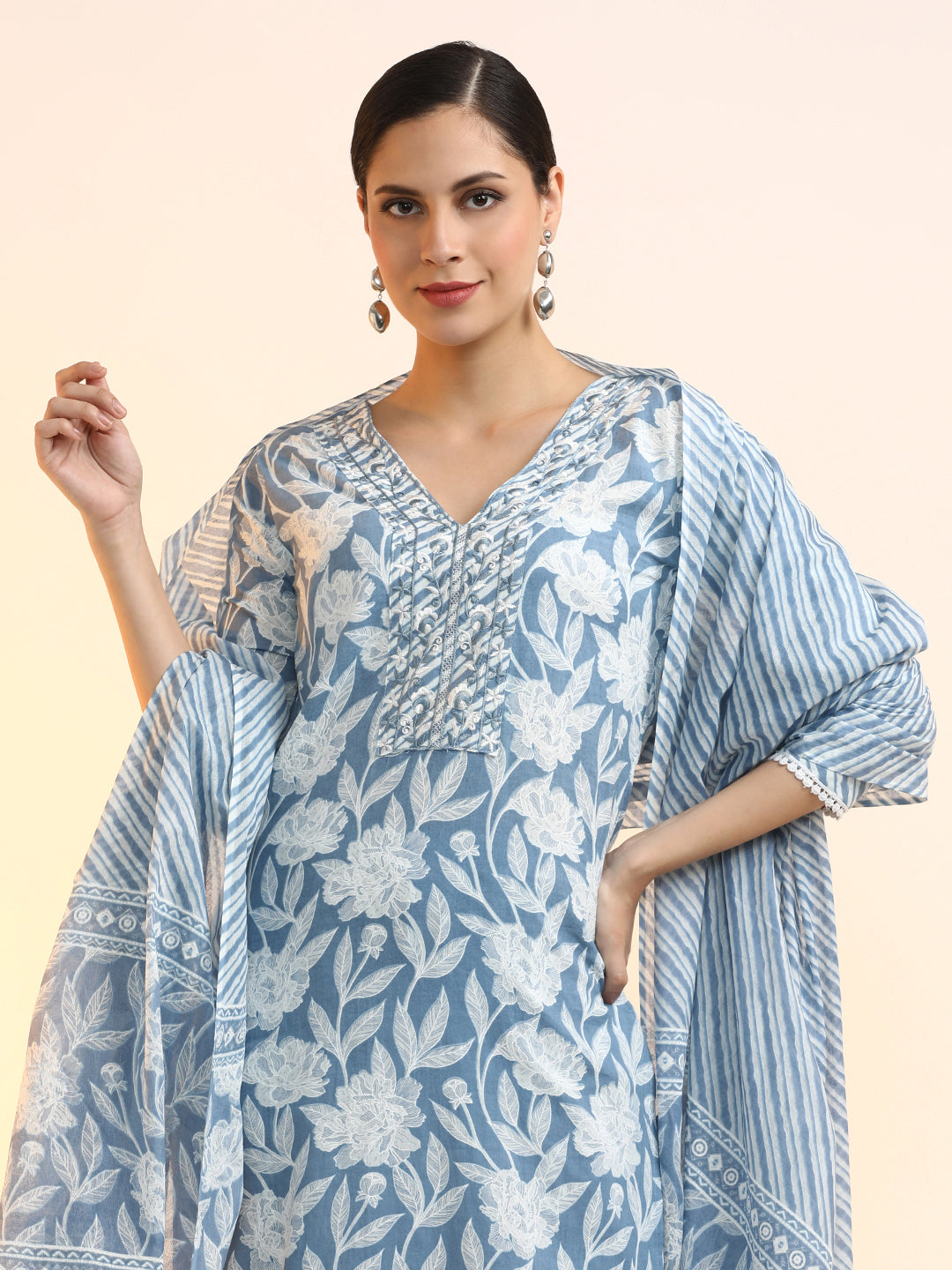 Embroidered Pure Cotton Striped Kurta Sets With Dupatta