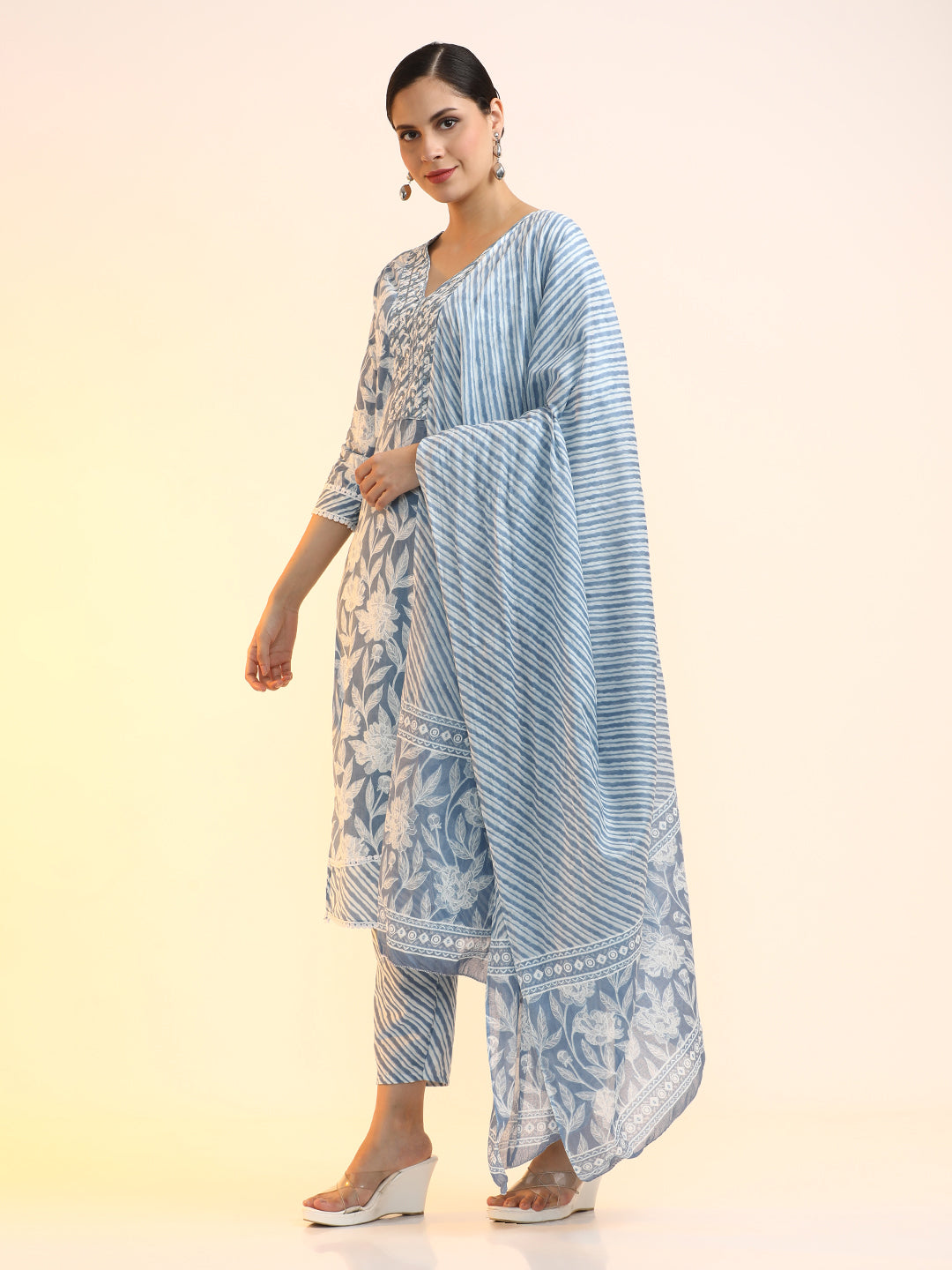 Embroidered Pure Cotton Striped Kurta Sets With Dupatta